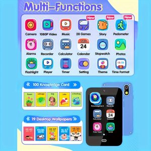 Kids Smart Phone Toy with Dual Cameras, 28 Games, Music Player, Flashlight, Alarm, Pedometer, Stories, Sight Words Learning - 8G SD Card Included, USB Charging, 7.11cm Screen, PC Material, for Ages 3-12, Boys & Girls Gift
