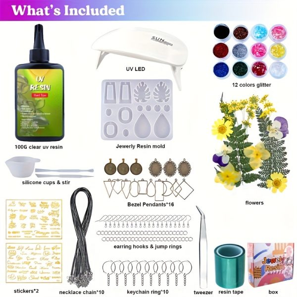 129pcs/set UV Resin Jewelry Making Kit, 100g Clear Resin with Light and Molds, DIY Jewelry Making Resin Kit, Resin Starter Kit for Keychain and Earring Making